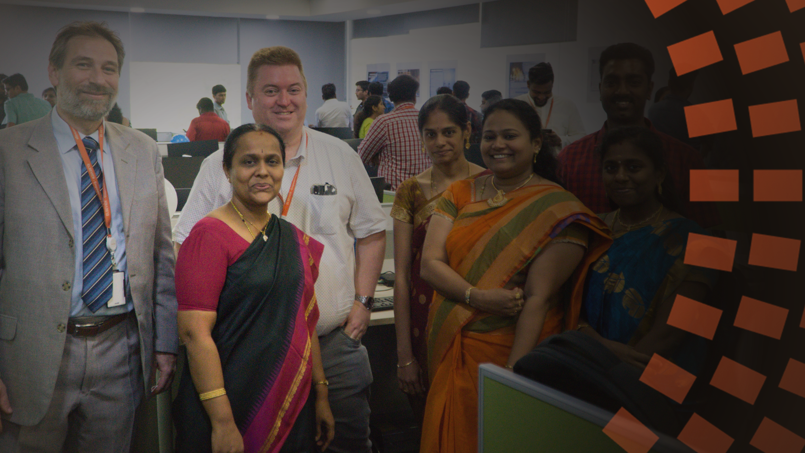 Elsevier tech colleagues in India meet with colleagues from other locations.