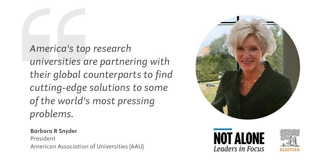Quote by Barbara R Snyder, President of the American Association of Universities (AAU): "America's top research universities are partnering with their global counterparts to find cutting-edge solutions to some of the world's most pressing problems."