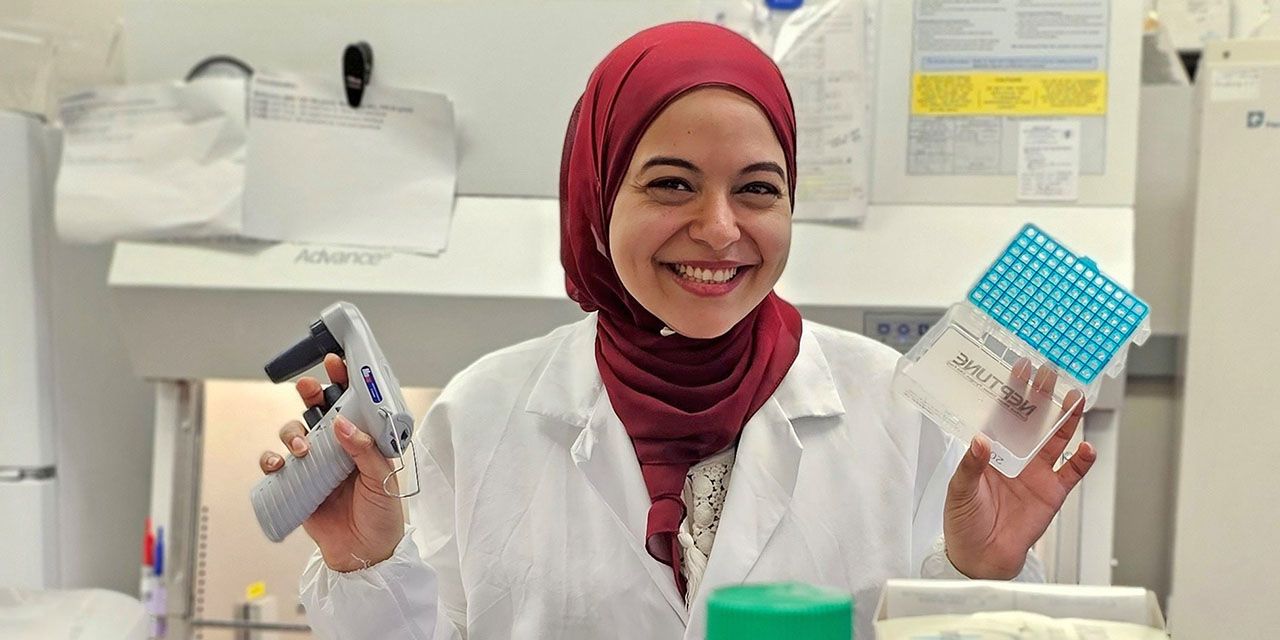 Engie El Sawaf, PhD, in her lab at Future University in Egypt, where she is a Pharmacology Lecturer Assistant.