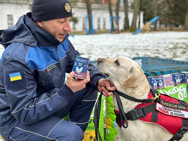Among their delivery: food for the rescue dogs. This dog has helped find people who were buried in the rubble of fallen buildings or injured by land mines.
