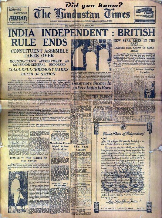 Cover of The Hindustan Times announcing the end of British rule