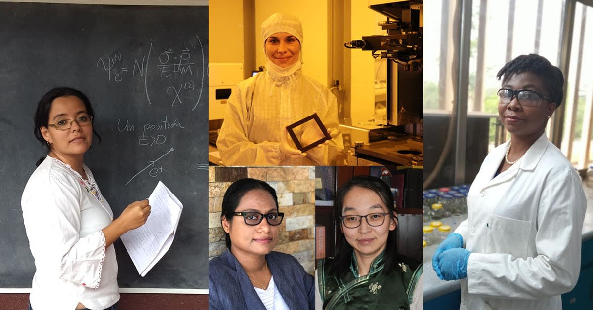 Recipients of the 2021 OWSD Elsevier Foundation Awards for Women Scientists in the Developing World (clockwise from left): María Eugenia Cabrera Catalán, PhD (Guatemala); Ghada Dushaq, PhD (Palestine); Marian Asantewah Nkansah, PhD (Ghana); Khongorzul Dorjgotov, PhD (Mongolia); and Imalka Munaweera, PhD (Sri Lanka)