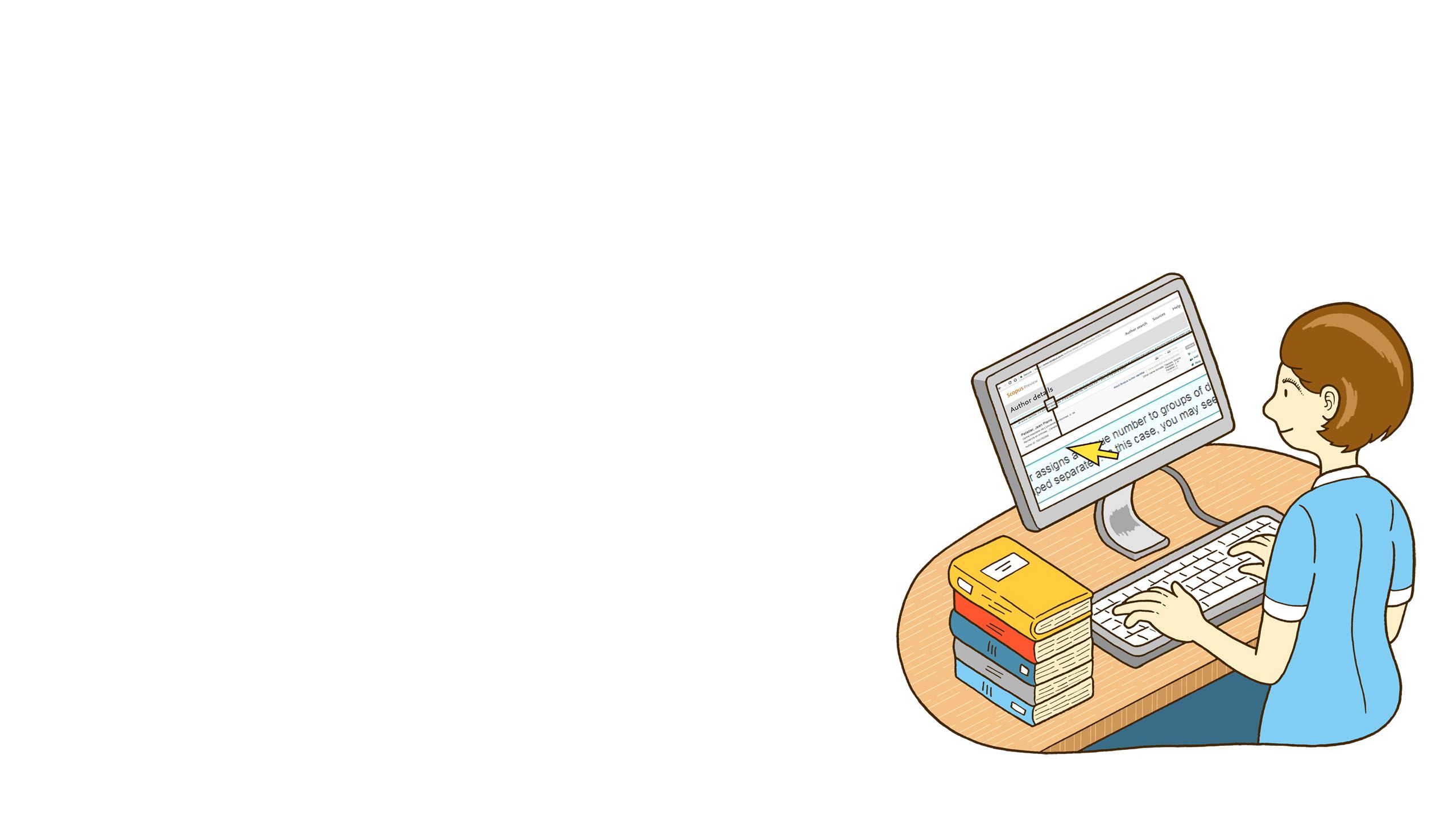 An illustration depicting a female librarian standing at a computer terminal typing on a keyboard and using screen magnification to access Scopus research database.